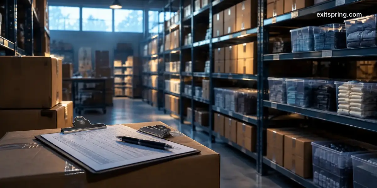 Ecommerce warehouse shelves with cartons and an inventory count sheet on a clipboard