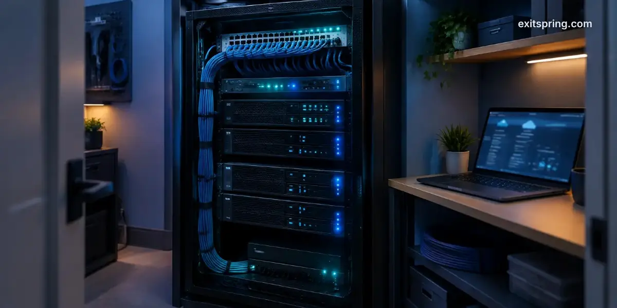 Small server rack with glowing status lights beside a laptop showing a cloud console