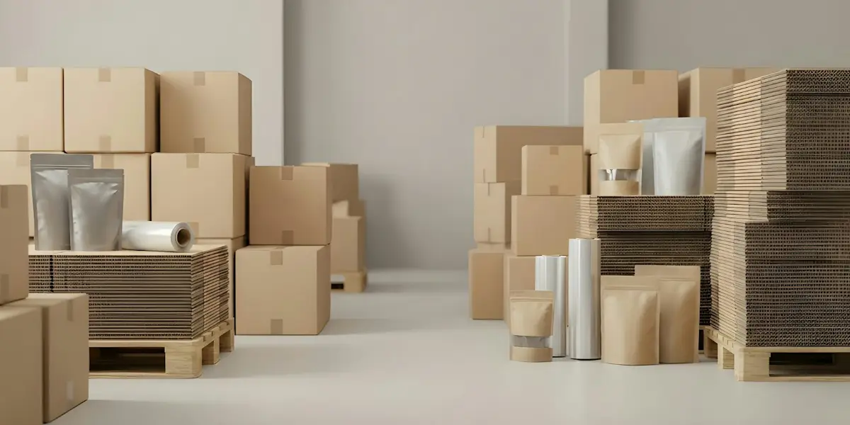 Warehouse floor with stacked cartons, pallets and packaging ready for an inventory count