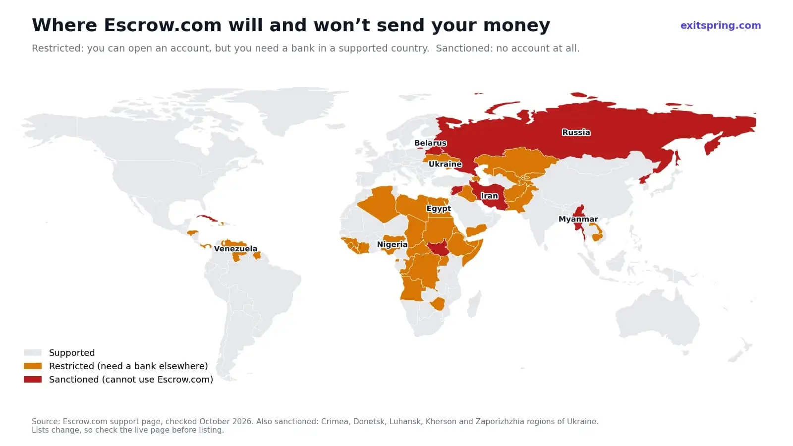World map of countries Escrow.com restricts or sanctions as of October 2026